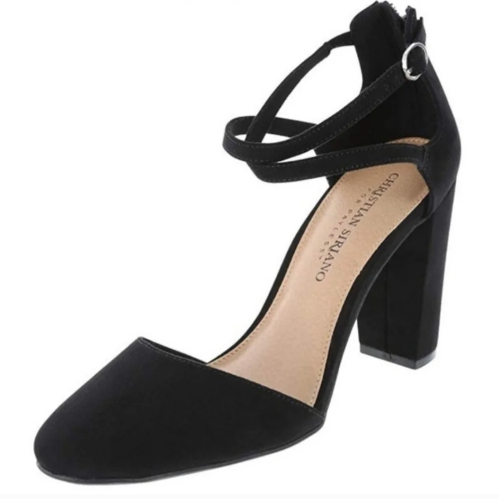 Christian Siriano Black Chunky Criss Cross Block Dress Heels